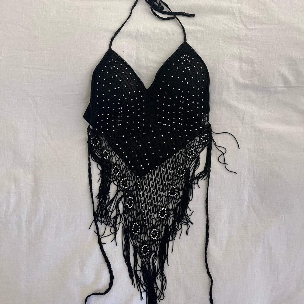 Black Beaded Fringe Halter Top